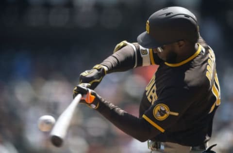 Apr 13, 2022; San Francisco, California, USA; San Diego Padres left fielder Jurickson Profar (10) grounds out to San Francisco Giants shortstop Mauricio Dubon (not pictured) during the fifth inning at Oracle Park. Mandatory Credit: D. Ross Cameron-USA TODAY Sports