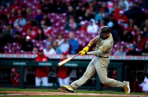 San Diego Padres first baseman Eric Hosmer (30) hits a 2-run home run in the fourth inning of the MLB baseball game between Cincinnati Reds and San Diego Padres at Great American Ball Park in Cincinnati on Tuesday, April 26, 2022.
San Diego Padres At Cincinnati Reds 58