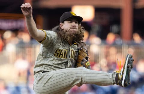 May 17, 2022; Philadelphia, Pennsylvania, USA; San Diego Padres starting pitcher Mike Clevinger (52) throws a pitch during the third inning against the Philadelphia Phillies at Citizens Bank Park. Mandatory Credit: Bill Streicher-USA TODAY Sports