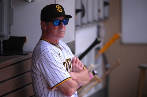 May 25, 2022; San Diego, California, USA; San Diego Padres manager Bob Melvin looks on from the dugout during the fifth inning against the Milwaukee Brewers at Petco Park. Mandatory Credit: Orlando Ramirez-USA TODAY Sports