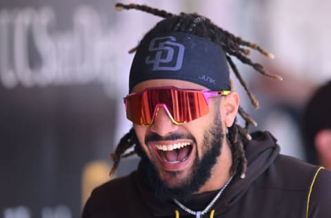 May 29, 2022; San Diego, California, USA; San Diego Padres shortstop Fernando Tatis Jr. (23) laughs in the dugout before the game against the Pittsburgh Pirates at Petco Park. Mandatory Credit: Orlando Ramirez-USA TODAY Sports