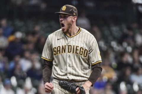 Jun 3, 2022; Milwaukee, Wisconsin, USA; San Diego Padres pitcher Joe Musgrove (44) reacts after striking out Milwaukee Brewers third baseman Jace Peterson (not pictured) in the seventh inning at American Family Field. Mandatory Credit: Benny Sieu-USA TODAY Sports