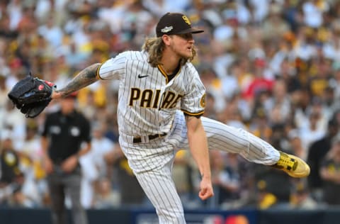 Oct 19, 2022; San Diego, California, USA; San Diego Padres relief pitcher Josh Hader (71) pitches in the ninth inning against the Philadelphia Phillies during game two of the NLCS for the 2022 MLB Playoffs at Petco Park. Mandatory Credit: Jayne Kamin-Oncea-USA TODAY Sports