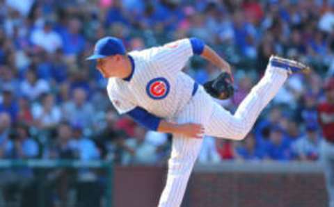 Sep 6, 2015; Chicago, IL, USA; Chicago Cubs relief pitcher Trevor Cahill (53) delivers a pitch during the ninth inning against the Arizona Diamondbacks at Wrigley Field. Chicago won 6-4. Mandatory Credit: Dennis Wierzbicki-USA TODAY Sports