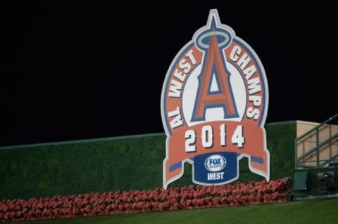 Sep 18, 2014; Anaheim, CA, USA; General view of the Los Angeles Angels 2014 AL West Championship banner at Angel Stadium of Anaheim. Mandatory Credit: Richard Mackson-USA TODAY Sports