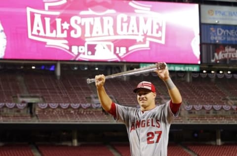 Mike Trout (27) of the Los Angeles Angels poses with the MVP trophy after the 2015 MLB All Star Game.Credit: Rick Osentoski-USA TODAY Sports