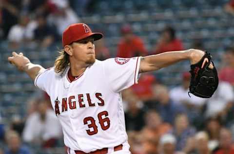 Aug 30, 2016; Anaheim, CA, USA; Los Angeles Angels starting pitcher Jered Weaver (36) in the first inning of the game against the Cincinnati Reds at Angel Stadium of Anaheim. Mandatory Credit: Jayne Kamin-Oncea-USA TODAY Sports