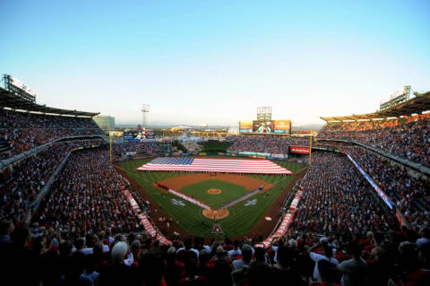 April 4, 2016; Anaheim, CA, USA; General view of pregame festivities before the Los Angeles Angels play against Chicago Cubs at Angel Stadium of Anaheim. Mandatory Credit: Gary A. Vasquez-USA TODAY Sports