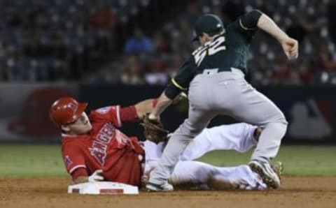 Los Angeles Angels Mike Trout (27) steals 2nd base against Oakland . Mandatory Credit: Richard Mackson-USA TODAY Sports