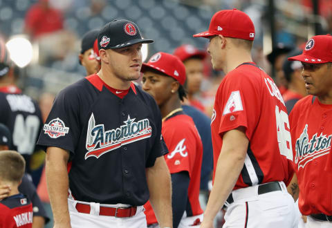 WASHINGTON, DC – JULY 16: Mike Trout #27 of the Los Angeles Angels of Anaheim and the American League speaks to Patrick Corbin #46 of the Arizona Diamondbacks and the National League during Gatorade All-Star Workout Day at Nationals Park on July 16, 2018 in Washington, DC. (Photo by Patrick Smith/Getty Images)