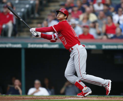 CLEVELAND, OH – AUGUST 03: Shohei Ohtani #17 of the Los Angeles Angels hits a two run home run off Mike Clevinger #52 of the Cleveland Indians during the first inning at Progressive Field on August 3, 2018 in Cleveland, Ohio. (Photo by Ron Schwane/Getty Images)