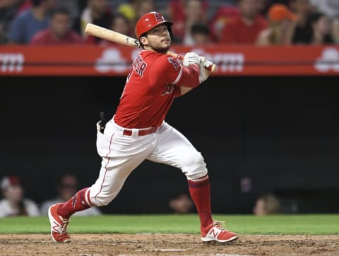 ANAHEIM, CA – AUGUST 07: David Fletcher #6 of the Los Angeles Angels of Anaheim flies out against the Detroit Tigers in the sixth inning at Angel Stadium on August 7, 2018 in Anaheim, California. (Photo by John McCoy/Getty Images)