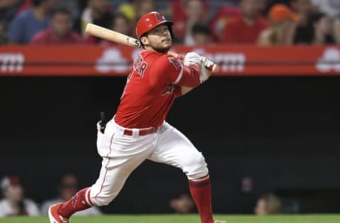 ANAHEIM, CA – AUGUST 07: David Fletcher #6 of the Los Angeles Angels of Anaheim flies out against the Detroit Tigers in the sixth inning at Angel Stadium on August 7, 2018 in Anaheim, California. (Photo by John McCoy/Getty Images)