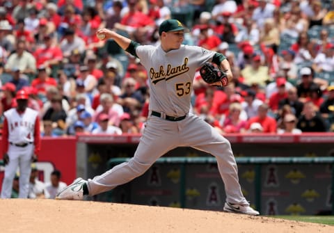 ANAHEIM, CA – MAY 16: Trevor Cahill #53 of the Oakland Athletics pitches against the Los Angeles Angels of Anaheim at Angel Stadium on May 16, 2010 in Anaheim, California. The Angels defeated the Athletics 4-0. (Photo by Jeff Gross/Getty Images)