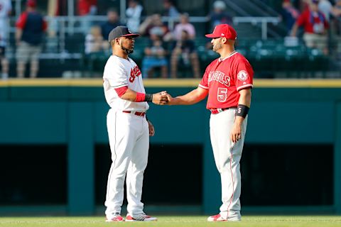 CLEVELAND, OH – AUGUST 04: Edwin Encarnacion #10 of the Cleveland Indians talks with Albert Pujols #5 of the Los Angeles Angels of Anaheim in the outfield before their game at Progressive Field on August 4, 2018 in Cleveland, Ohio. The Indians defeated the Angels 3-0. (Photo by David Maxwell/Getty Images)