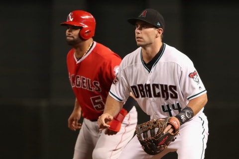 PHOENIX, AZ – AUGUST 22: Infielder Paul Goldschmidt #44 of the Arizona Diamondbacks and Albert Pujols #5 of the Los Angeles Angels during the MLB game at Chase Field on August 22, 2018 in Phoenix, Arizona. The Diamondbacks defeated the Angels 5-1. (Photo by Christian Petersen/Getty Images)