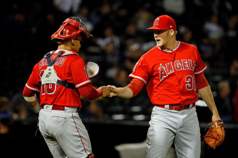 CHICAGO, IL – SEPTEMBER 07: Jose Briceno #10 of the Los Angeles Angels of Anaheim (L) and Ty Buttrey #31 (R) celebrate their win over the Chicago White Sox at Guaranteed Rate Field on September 7, 2018 in Chicago, Illinois.The Los Angeles Angels of Anaheim won 5-2. (Photo by Jon Durr/Getty Images)