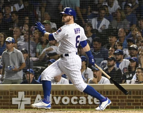 CHICAGO, IL – SEPTEMBER 14: Ian Happ #8 of the Chicago Cubs hits a three-run home run against the Cincinnati Reds during the seventh inning on September 14, 2018 at Wrigley Field in Chicago, Illinois. (Photo by David Banks/Getty Images)