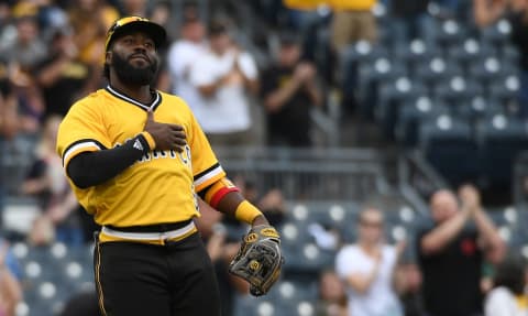 PITTSBURGH, PA – SEPTEMBER 23: Josh Harrison #5 of the Pittsburgh Pirates acknowledges the crowd as he is removed from the game against the Milwaukee Brewers in the eighth inning at PNC Park on September 23, 2018 in Pittsburgh, Pennsylvania. (Photo by Justin Berl/Getty Images)