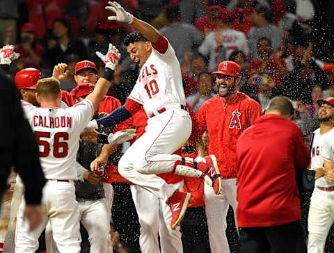 ANAHEIM, CA – SEPTEMBER 24: Jose Briceno #10 of the Los Angeles Angels of Anaheim celebrates as he crosses the plate after hitting a pinch hit walk off home run in the eleventh inning of the game against the Texas Rangers at Angel Stadium on September 24, 2018 in Anaheim, California. (Photo by Jayne Kamin-Oncea/Getty Images)