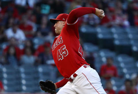 ANAHEIM, CA – SEPTEMBER 29: Pitcher Tyler Skaggs #45 of the Los Angeles Angels of Anaheim pitches during the first inning of the MLB game against the Oakland Athletics at Angel Stadium on September 29, 2018 in Anaheim, California. (Photo by Victor Decolongon/Getty Images)