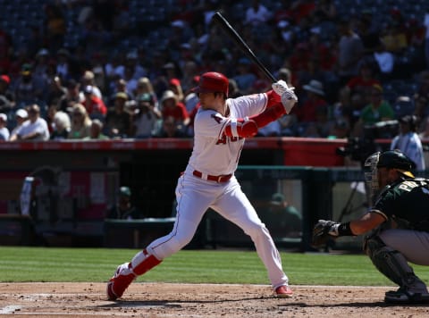 ANAHEIM, CA – SEPTEMBER 30: Shohei Ohtani #17 of the Los Angeles Angels of Anaheim bats during the first inning of the MLB game against the Oakland Athletics at Angel Stadium on September 30, 2018 in Anaheim, California. (Photo by Victor Decolongon/Getty Images)