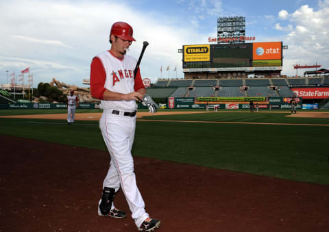 ANAHEIM, CA – SEPTEMBER 29: Brandon Wood #3 of the Los Angeles Angels of Anaheim prepares to bat during the game against the Oakland Athletics at Angel Stadium of Anaheim on September 29, 2010 in Anaheim, California. (Photo by Lisa Blumenfeld/Getty Images)