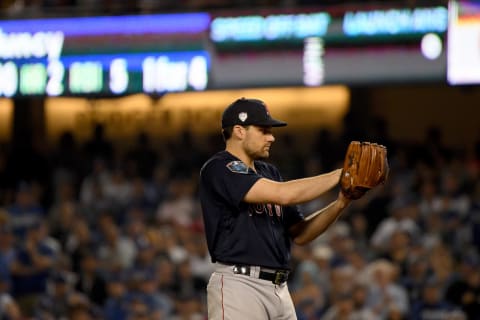 LOS ANGELES, CA – OCTOBER 26: Nathan Eovaldi #17 of the Boston Red Sox delivers the pitch during the fifteenth inning against the Los Angeles Dodgers in Game Three of the 2018 World Series at Dodger Stadium on October 26, 2018 in Los Angeles, California. (Photo by Harry How/Getty Images)