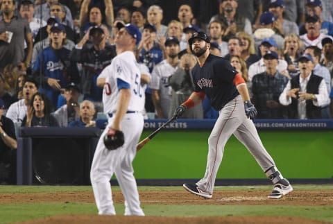 LOS ANGELES, CA – OCTOBER 27: Mitch Moreland #18 of the Boston Red Sox watches his hit go for a three-run home run in the seventh inning against pitcher Ryan Madson #50 of the Los Angeles Dodgers in Game Four of the 2018 World Series at Dodger Stadium on October 27, 2018 in Los Angeles, California. (Photo by Kevork Djansezian/Getty Images)