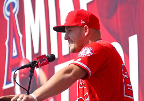 ANAHEIM, CA – MARCH 24: Mike Trout #27 of the Los Angeles Angels of Anaheim speaks at a press conference after he agreed to the terms of a 12-year, $430 million contract extension at Angel Stadium of Anaheim on March 24, 2019 in Anaheim, California. (Photo by Jayne Kamin-Oncea/Getty Images)