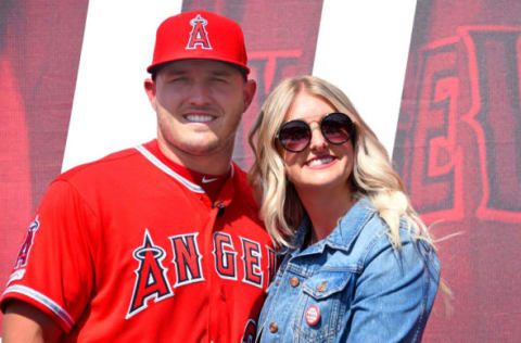 ANAHEIM, CA – MARCH 24: Mike Trout #27 of the Los Angeles Angels of Anaheim poses for a photo with his wife Jessica after press conference to discuss his new 12-year, $430 million contract extension at Angel Stadium of Anaheim on March 24, 2019 in Anaheim, California. (Photo by Jayne Kamin-Oncea/Getty Images)