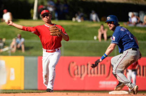 TEMPE, ARIZONA – FEBRUARY 28: Leonardo Rivas #72 of the Los Angeles Angels turns the double play in front of Patrick Wisdom #21 of the Texas Rangers during the spring training game at Tempe Diablo Stadium on February 28, 2019 in Tempe, Arizona. (Photo by Jennifer Stewart/Getty Images)