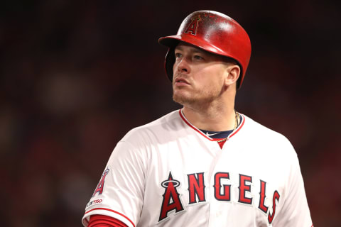 ANAHEIM, CALIFORNIA – APRIL 04: Justin Bour #41 of the Los Angeles Angels of Anaheim looks on as he returns to the dugout at the end of the first inning in the home opener against the Texas Rangers at Angel Stadium of Anaheim on April 04, 2019 in Anaheim, California. (Photo by Sean M. Haffey/Getty Images)