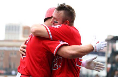 DETROIT, MICHIGAN – MAY 09: Albert Pujols #5 of the Los Angeles Angels celebrates his third inning solo home run to reach 2000 career RBI’s with Mike Trout #27 while playing the Detroit Tigers at Comerica Park on May 09, 2019 in Detroit, Michigan. (Photo by Gregory Shamus/Getty Images)