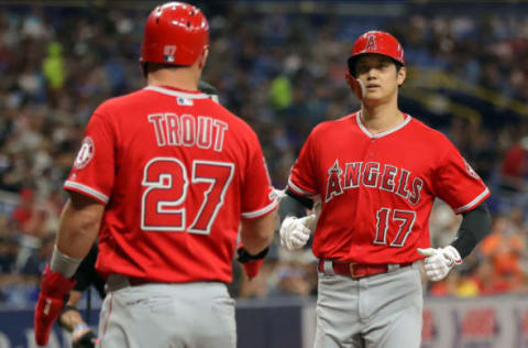 ST. PETERSBURG, FL – JUNE 13: Shohei Ohtani #17 of the Los Angeles Angels is greeted by Mike Trout #27 after his three-run home run in the first inning of a baseball game against the Tampa Bay Rays at Tropicana Field on June 13, 2019 in St. Petersburg, Florida. (Photo by Mike Carlson/Getty Images)