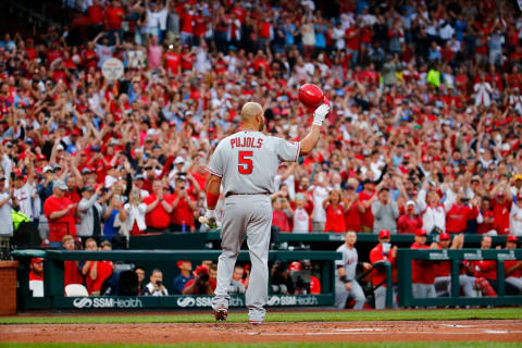 ST LOUIS, MO – JUNE 21: Former St. Louis Cardinal Albert Pujols #5 of the Los Angeles Angels of Anaheim acknowledges a standing ovation from the fans in his first return to Busch Stadium prior to batting against the St. Louis Cardinals on June 21, 2019 in St Louis, Missouri. (Photo by Dilip Vishwanat/Getty Images)