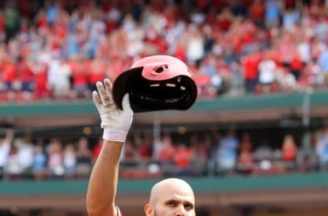 ST. LOUIS, MO – JUNE 22: Albert Pujols #5 of the Los Angeles Angels of Anaheim gives fans a curtain call after hitting a solo home run during the seventh inning against the St. Louis Cardinals at Busch Stadium on June 22, 2019 in St. Louis, Missouri. (Photo by Scott Kane/Getty Images)