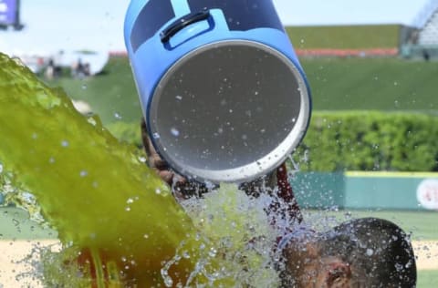 ANAHEIM, CA – JULY 28: Matt Thaiss #23 of the Los Angeles Angels of Anaheim gets splased with liquid after his game winning home run in the ninth inning to defeat the Baltimore Orioles 5-4 at Angel Stadium of Anaheim on July 28, 2019 in Anaheim, California. (Photo by John McCoy/Getty Images)