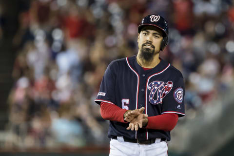 WASHINGTON, DC – AUGUST 16: Anthony Rendon #6 of the Washington Nationals reacts after hitting the game winning RBI double against the Milwaukee Brewers during the eighth inning at Nationals Park on August 16, 2019 in Washington, DC. (Photo by Scott Taetsch/Getty Images)