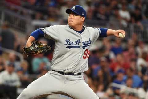 ATLANTA, GEORGIA – AUGUST 17: Hyun-Jin Ryu #99 of the Los Angeles Dodgers pitches in the fifth inning against the Atlanta Braves at SunTrust Park on August 17, 2019 in Atlanta, Georgia. (Photo by Logan Riely/Getty Images)