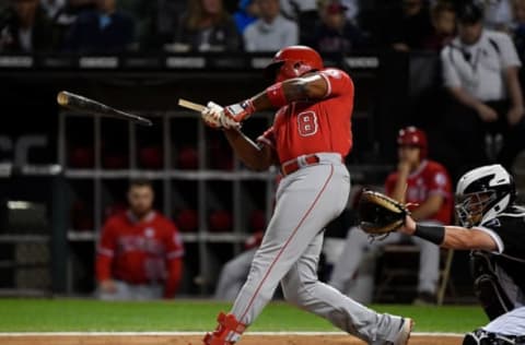 CHICAGO, ILLINOIS – SEPTEMBER 06: Justin Upton #8 of the Los Angeles Angels of Anaheim breaks his bat in the second inning against the Chicago White Sox at Guaranteed Rate Field on September 06, 2019 in Chicago, Illinois. (Photo by Quinn Harris/Getty Images)