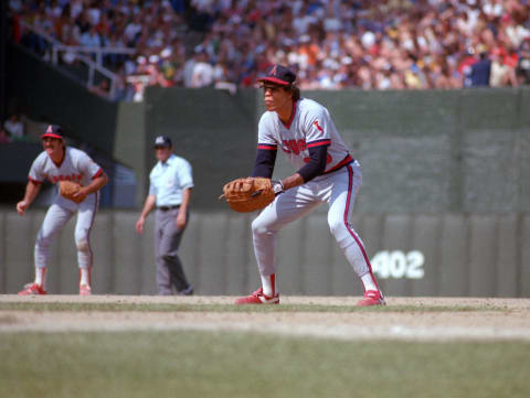 CHICAGO- UNDATED 1982: Rod Carew of the California Angels fields during a MLB game at Comiskey Park in Chicago, IL. Carew played for the California Angels from 1979-1985. (Photo by Ron Vesely/MLB Photos via Getty Images)