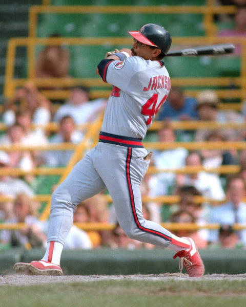 CHICAGO- UNDATED 1985: Reggie Jackson of the California Angels bats during a MLB game at Comiskey Park in Chicago, IL. Jackson played for the California Angels from 1982-1986. (Photo by Ron Vesely/MLB Photos via Getty Images)