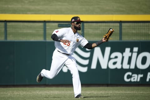 MESA, AZ – OCTOBER 14: Jo Adell #25 of the Mesa Solar Sox (Los Angeles Angels) catches the ball in left field during an Arizona Fall League game against the Glendale Desert Dogs at Sloan Park on October 14, 2019 in Mesa, Arizona. Glendale defeated Mesa 9-5. (Photo by Joe Robbins/Getty Images)