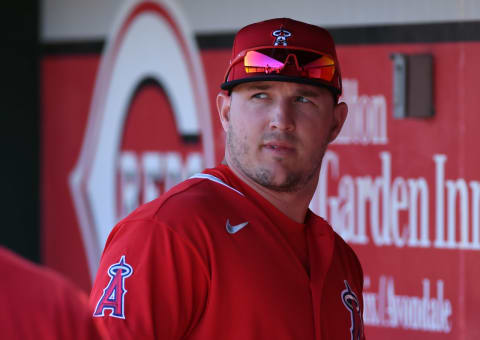 GOODYEAR, ARIZONA – MARCH 03: Mike Trout #27 of the Los Angeles Angels prepares for a spring training game against the Cleveland Indians at Goodyear Ballpark on March 03, 2020 in Goodyear, Arizona. (Photo by Norm Hall/Getty Images)