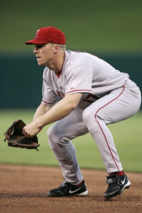 Darin Erstad of the Los Angeles Angels of Anaheim in his defensive position during a game against the Kansas City Royals at Kauffman Stadium in Kansas City, Missouri on July 1, 2005. The Angels won 5-0. (Photo by G. N. Lowrance/Getty Images)