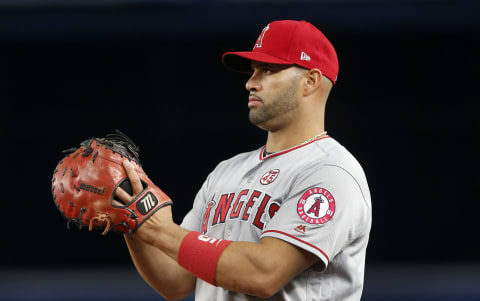 NEW YORK, NEW YORK – SEPTEMBER 18: (NEW YORK DAILIES OUT) Albert Pujols #5 of the Los Angeles Angels of Anaheim in action against the New York Yankees at Yankee Stadium on September 18, 2019 in New York City. The Angels defeated the Yankees 3-2. (Photo by Jim McIsaac/Getty Images)