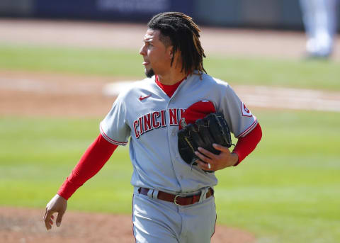 ATLANTA, GA – OCTOBER 01: Luis Castillo #58 of the Cincinnati Reds leaves the game in the sixth inning of Game Two of the National League Wild Card Series against the Atlanta Braves at Truist Park on October 1, 2020 in Atlanta, Georgia. (Photo by Todd Kirkland/Getty Images)