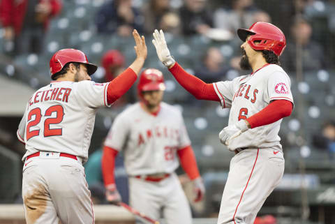 David Fletcher, Anthony Rendon, Los Angeles Angels (Photo by Stephen Brashear/Getty Images)