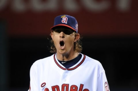 ANAHEIM, CA – SEPTEMBER 09: Jered Weaver #36 of the Los Angeles Angels of Anaheim celebrates during the game against the New York Yankees at Angel Stadium of Anaheim on September 9, 2011 in Anaheim, California. (Photo by Lisa Blumenfeld/Getty Images)